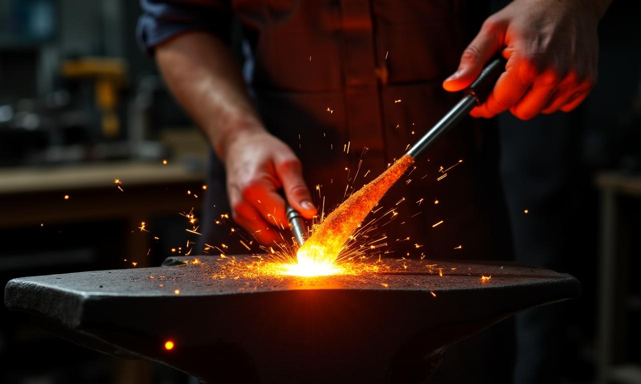 Artisan forgeron travaillant l'acier incandescent dans l'atelier Férum Swings